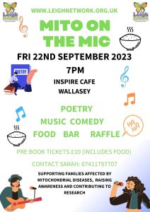 Mito on the Mic Poster, images of people singing, playing a guitar, reading poetry, writing in green with date, time and venue. Leigh Network butterfly logo in the corners.